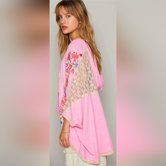 POL Pink Lace Patchwork Peace Sign Kimono Hoodie Top Oversized Boho Chic NWOT - Picture 4 of 9
